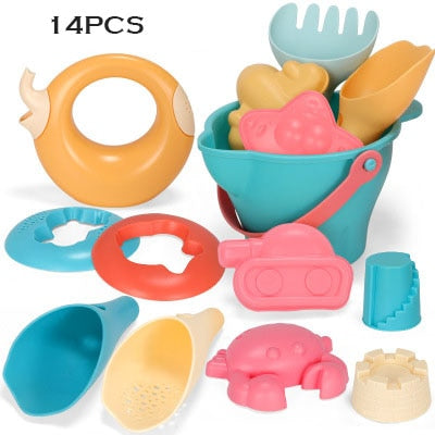 Summer Silicone Soft Baby Beach Toys Kids Mesh Bag Bath Play Set Beach Party Cart Bucket Sand Molds Tool Water Games Gifts