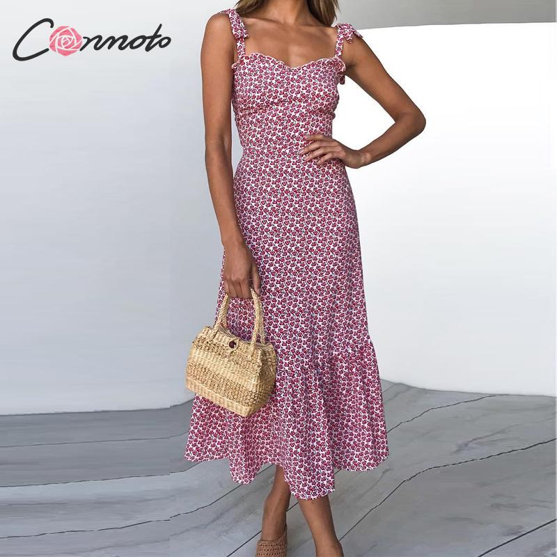 Conmoto 2019 Print Ruffles Mid Summer Dress Women Casual Twist Party Dress Strapless Print Beach Princess Long Dress Vestidos