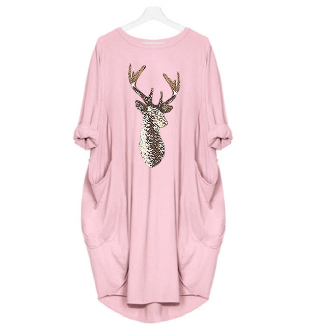 5XL Vintage Summer Dress 2020 Plus Size Pockets Baggy Women Dress Oversized Cartoon Deer Than Heart Printing Pink Robe Femme