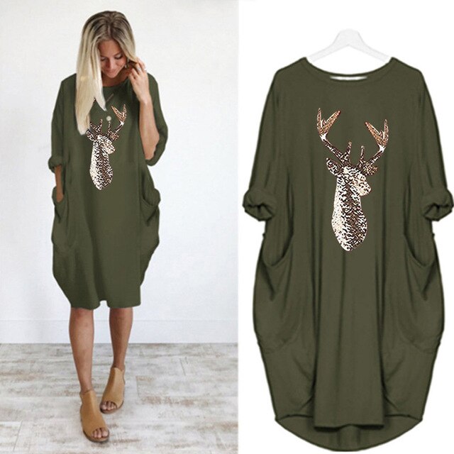 5XL Vintage Summer Dress 2020 Plus Size Pockets Baggy Women Dress Oversized Cartoon Deer Than Heart Printing Pink Robe Femme