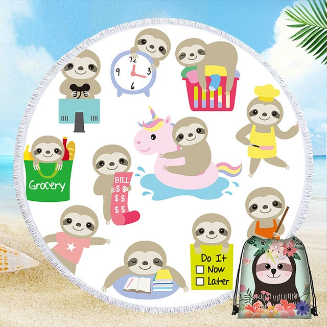 Summer Microfiber Swimming Bath Towel Big Round Beach Towel With Drawstring Bag Sloth Tree Beach Towel Travel Yoga Blanket Cover