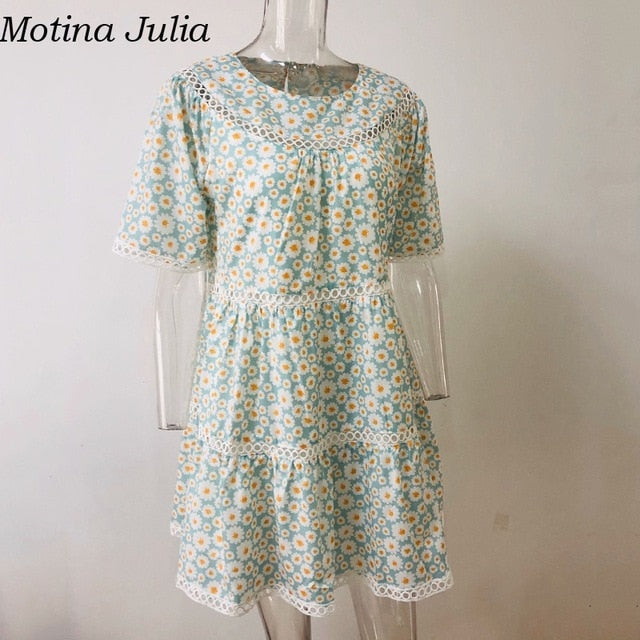 Motina Julia floral print boho beach dress women round neck hollow out mini dress new spring summer dress female vestidos