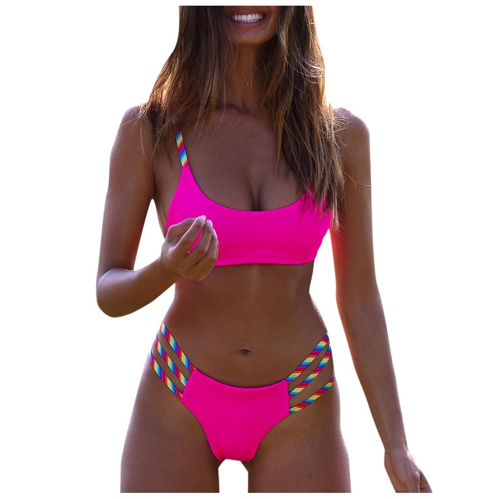 Women's Sexy Bikini Suit New Rainbow Coloured Bandeau Bandage Split Swimsuit Summer Fashion Casual Beach Tankini Swimwear #R