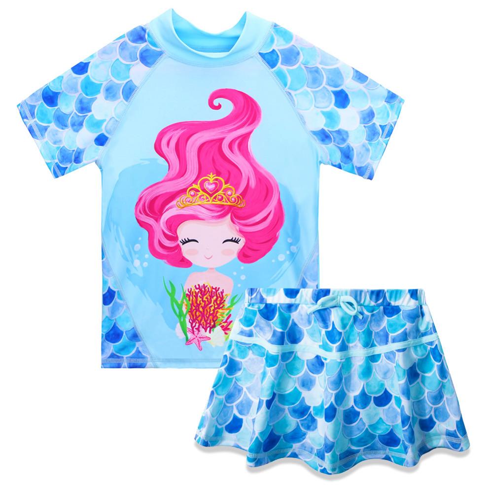 BAOHULU Kids Swimwear for Girls Short Sleeve Girls Swimsuit with Skirt 2 Pieces Blue Cartoon Girls Swimming Costumes