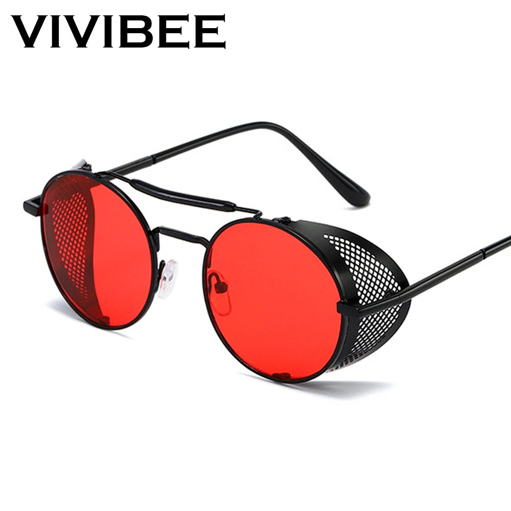 VIVIBEE Steampunk Sunglasses Men 2020 Trending Gothic Round Alloy Red Punk Goggles Retro Party Sun Glasses