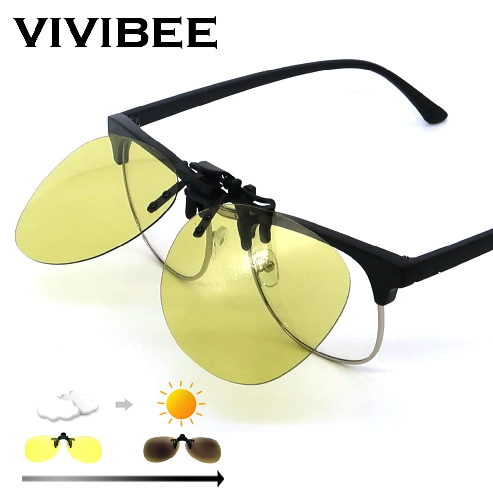 VIVIBEE Night Vision Flip up Clip on Sunglasses Photochromic Men Yellow Color Changing Pilot Lens Driving Myopia Glasses Clips
