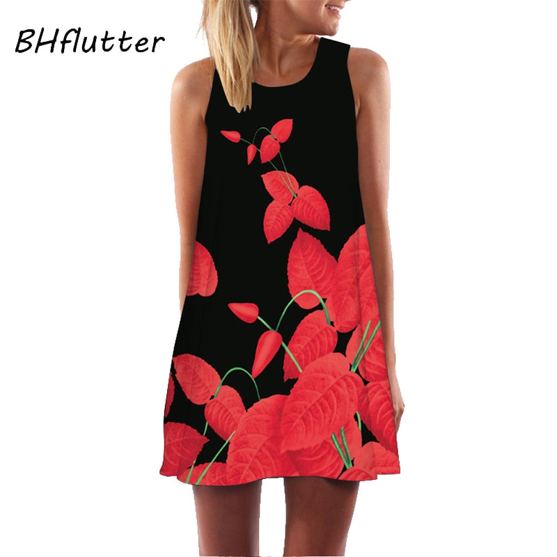 BHflutter Black Red Floral Print Dress Women Fashion Sleeveless Casual Loose Summer Dress A-line Party Dress vestidos mujer 2018