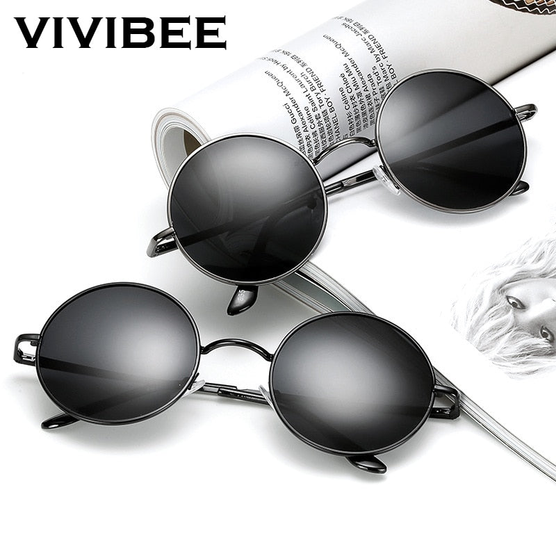 VIVIBEE Classic Polarized Round Metal Sun Glasses Casual Sunglasses for Women Retro UV400 Men Black Shades 2020 Trend Eyewear