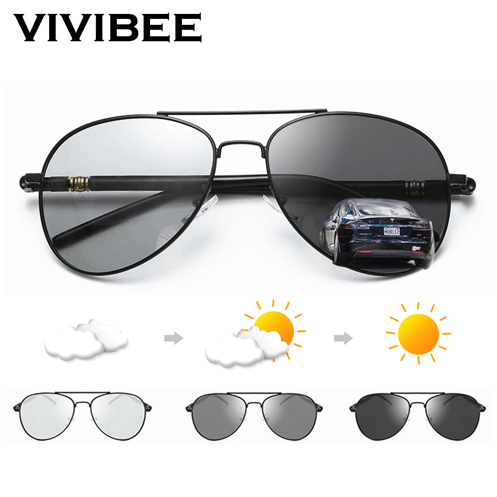 VIVIBEE Photochromic Sunglasses Mens Aviation Polarized UV400 Day and Night Vision Driving Sun Glasses Women Titanium Goggles