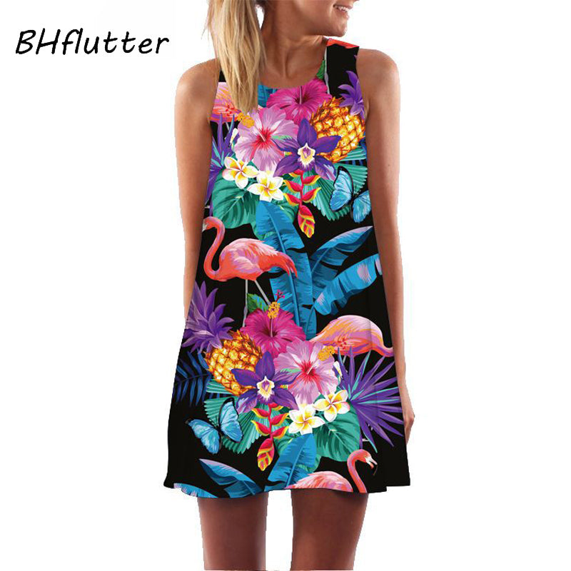 BHflutter New 2019 Summer Dress Women Fashion Casual Loose Floral Print Dress Sleeveless Chiffon Boho Dress Sundress robe femme