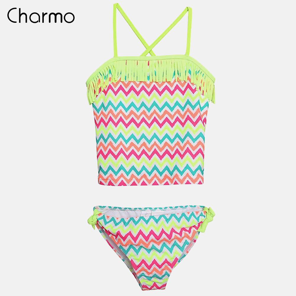 Charmo Girls' Two Pieces Bikini Set Swimsuits Sawtooth Stripe Print Kids Swimwear Tassel Bikini Cute Beach Wear Wave Print Suits