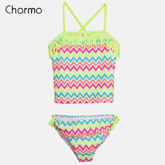 Charmo Girls' Two Pieces Bikini Set Swimsuits Sawtooth Stripe Print Kids Swimwear Tassel Bikini Cute Beach Wear Wave Print Suits