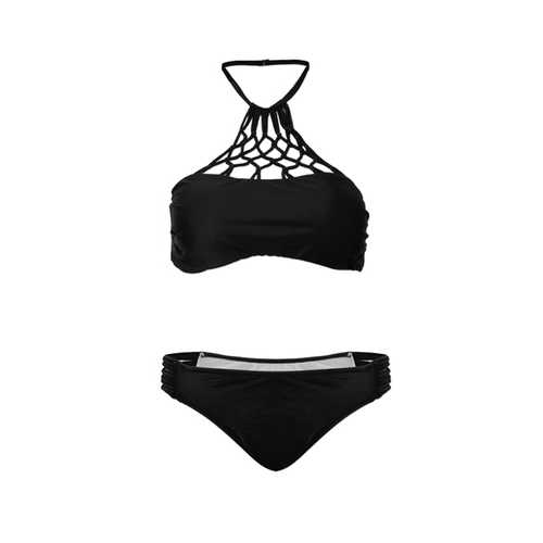 Plus Size High knitted Neck Halter Mesh Hollow Vintage Bikini Swimsuit Beachwear