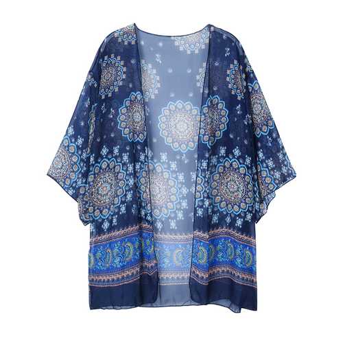 Women Floral Print Summer Blouses Chiffon Kimono Beach Cover Up