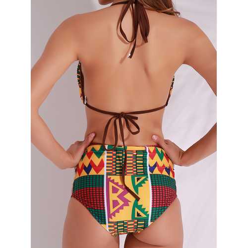 Sexy Stretchy High Rise Halter Geometric Patchwork Bikini Sets Swimsuit For Women