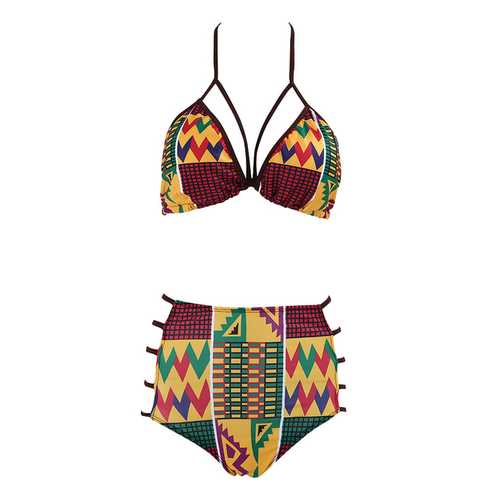 Sexy Stretchy High Rise Halter Geometric Patchwork Bikini Sets Swimsuit For Women