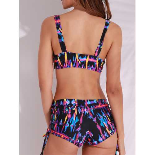 Women Sexy Printed Solid Color Tankinis Pullover Vest Elastic Swimwear Sets