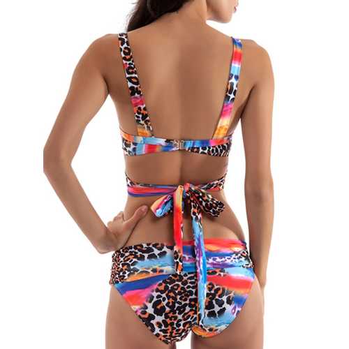 Sexy Geometric Leopard Gradients Printed Bikini Front Cross Belts Wireless Swimwear