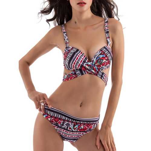 Sexy Geometric Leopard Gradients Printed Bikini Front Cross Belts Wireless Swimwear