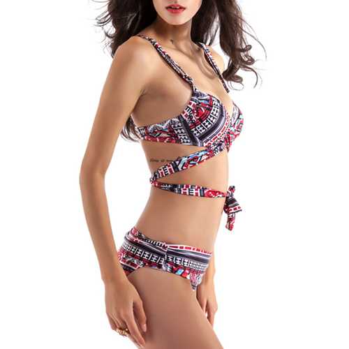 Sexy Geometric Leopard Gradients Printed Bikini Front Cross Belts Wireless Swimwear