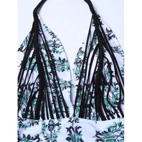 Sexy Women Plunge V Low Cut Swimwear Bamboo Leaf Pattern Backless One-Pieces Beachwear