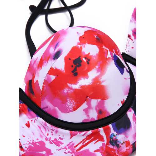 Women Sexy Printing Underwire Halter Push Up Flounces Bikini Sets