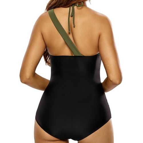 Plus Size Women Tight One Shoulder Halter Beachsuit Black Bodysuit One-pieces