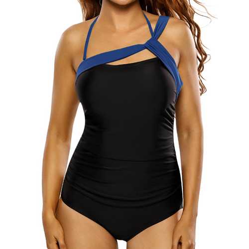 Plus Size Women Tight One Shoulder Halter Beachsuit Black Bodysuit One-pieces