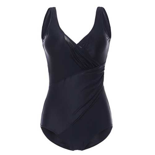 Plus Size Women Solid Color One Piece Backless Wireless Ruffle V Neck Swimwear