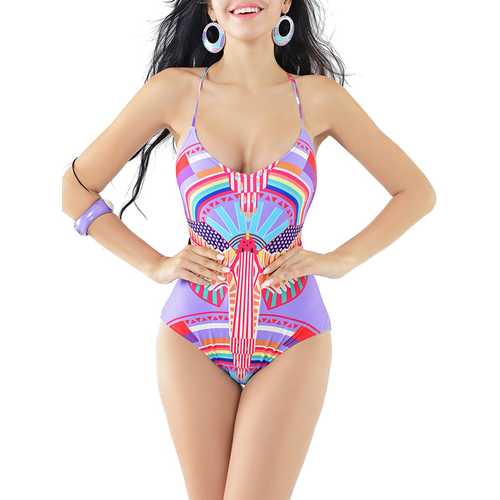 Women Sexy Vintage Criss-cross Straps Beachsuit Lace-up Backless Printing  One-pieces