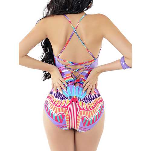 Women Sexy Vintage Criss-cross Straps Beachsuit Lace-up Backless Printing  One-pieces