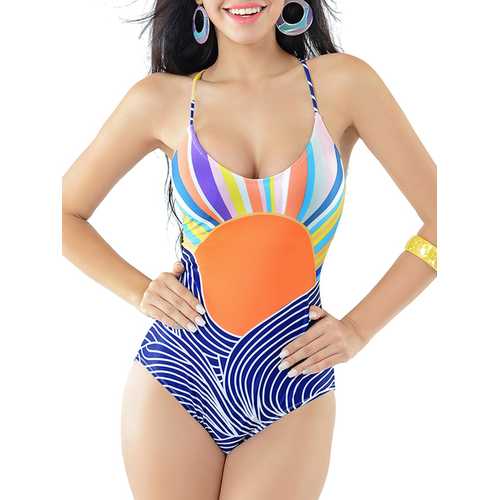 Women Sexy Vintage Criss-cross Straps Beachsuit Lace-up Backless Printing  One-pieces