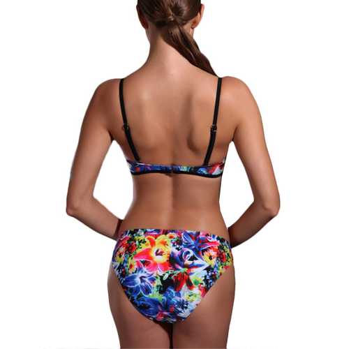 Sexy Women Show-Off Printed Bikini Key Hole Front Hollow Out Swimwear Sets