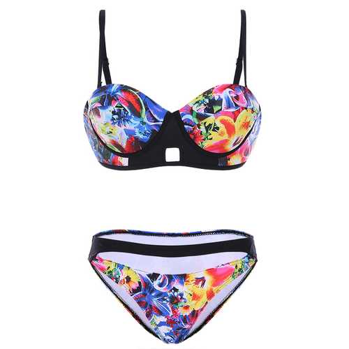 Sexy Women Show-Off Printed Bikini Key Hole Front Hollow Out Swimwear Sets