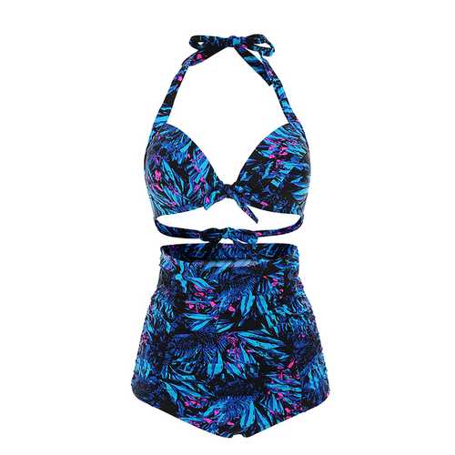 Women Sexy Plus Size Printing Bikini Bow-knot Backless Bathing Suit Tankinis