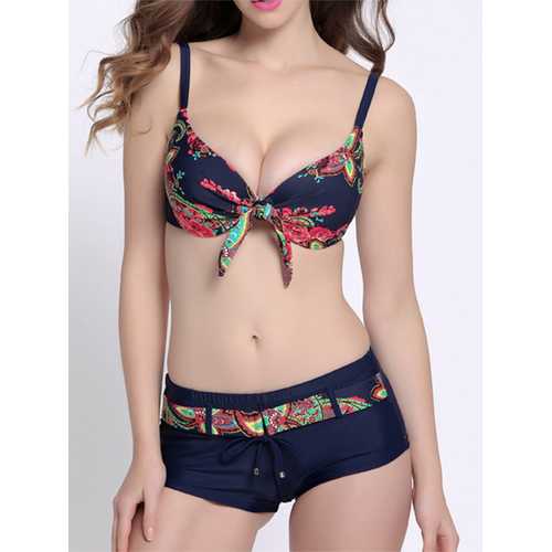 Sexy Plus Size Floral Printed Swimsuit Bow Elastic Bikini Boyshort Breathable Swimwear Sets