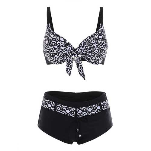 Sexy Plus Size Floral Printed Swimsuit Bow Elastic Bikini Boyshort Breathable Swimwear Sets