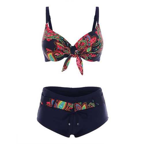 Sexy Plus Size Floral Printed Swimsuit Bow Elastic Bikini Boyshort Breathable Swimwear Sets