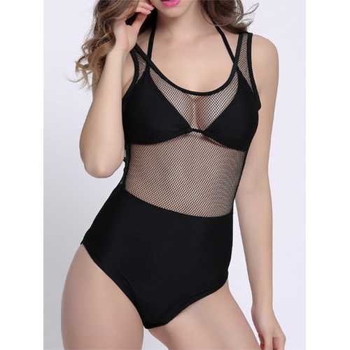 Women Sexy Fish Net Cover Backless One Piece Wireless Bikini Bra Lace-Up Swimwear