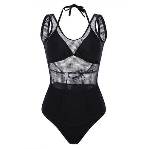 Women Sexy Fish Net Cover Backless One Piece Wireless Bikini Bra Lace-Up Swimwear