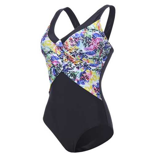 Plus Size L-5XL Sexy Deep V Floral Printing Stretchy Backless Wireless One-Pieces Swimwear