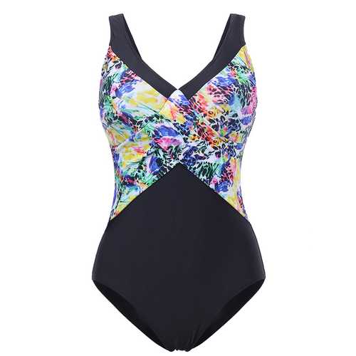 Plus Size L-5XL Sexy Deep V Floral Printing Stretchy Backless Wireless One-Pieces Swimwear