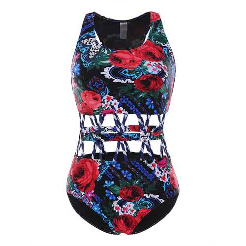 Sexy Floral Print Hollow Out Elastic Waist Swimwear Padded Wireless One Piece