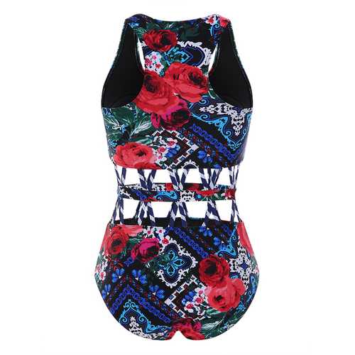 Sexy Floral Print Hollow Out Elastic Waist Swimwear Padded Wireless One Piece