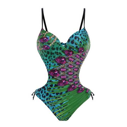 Sexy Paillette Waist Hollow Out Backless Peacock Leopard Printed One Piece Monokini