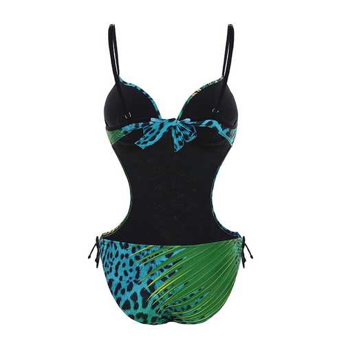 Sexy Paillette Waist Hollow Out Backless Peacock Leopard Printed One Piece Monokini