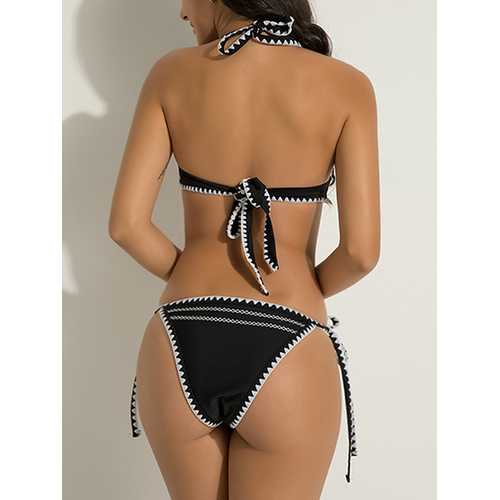 Women Sexy High Neck Halter Bandage Geometry Printed Hollow Out Bikini Set Beachwear