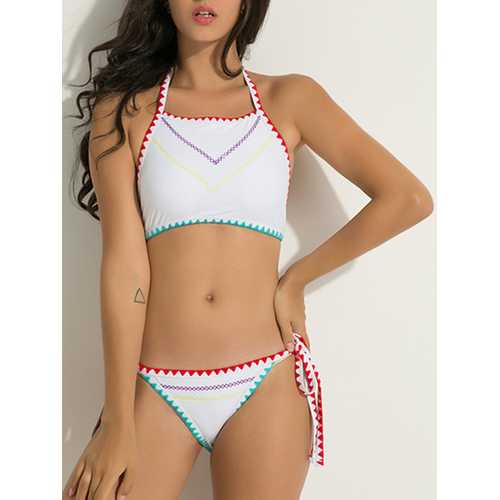 Women Sexy High Neck Halter Bandage Geometry Printed Hollow Out Bikini Set Beachwear