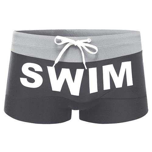 SUPERBODY Sexy Quick Drying Drawstring Letters Printing Low Waist Boxers Swim Trunks for Men