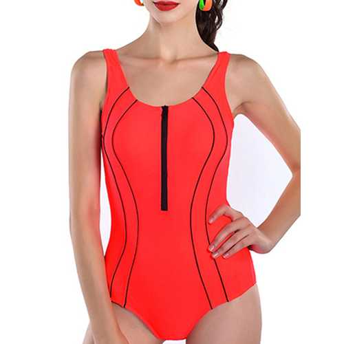 Front Zipper Hollow Out Criss-Cross Back Quick Drying Stretchy One Piece Swimsuits